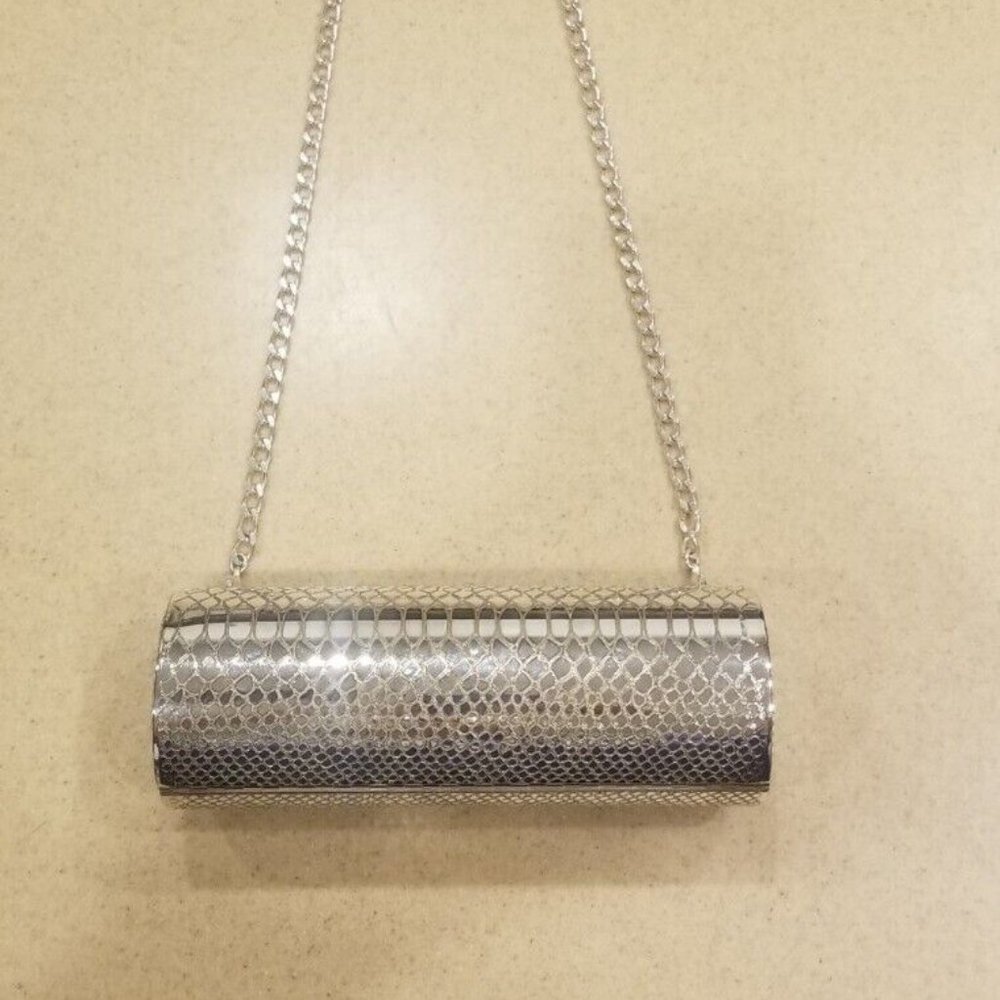 RARE 1 of 2 MONICA RICH KOSANN PYTHON SNAKESKIN SILVER VANITY BAG CLUTCH HANDBAG